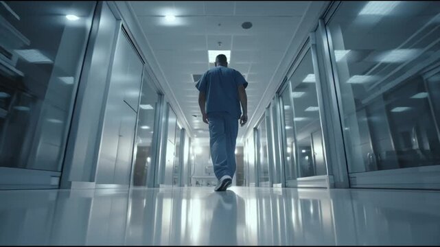 Doctor Walking Down Modern Hospital Corridor