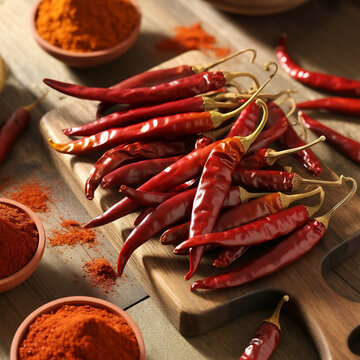 Chiles rojos secos en tabla de madera y piment&oacute;n en polvo en cuencos sobre fondo r&uacute;stico de cocina