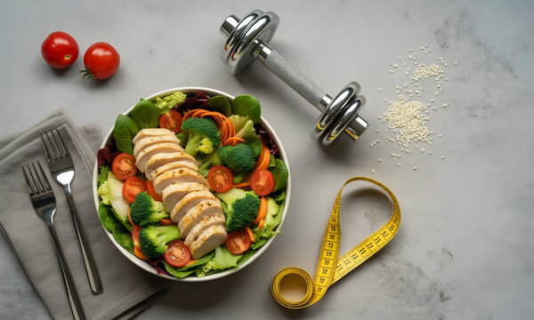 Ensalada de pechuga de pollo a la parrilla con verduras, mancuerna y cinta m&eacute;trica sobre fondo gris, concepto de vida saludable y fitness