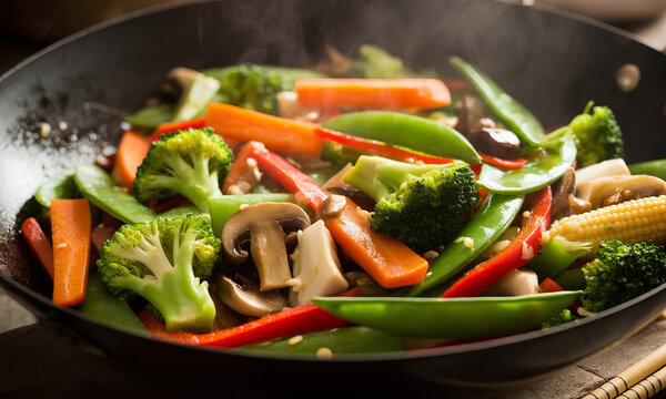 Salteado de verduras frescas en un wok caliente con br&oacute;coli, zanahorias, pimientos y champi&ntilde;ones, cocina asi&aacute;tica saludable