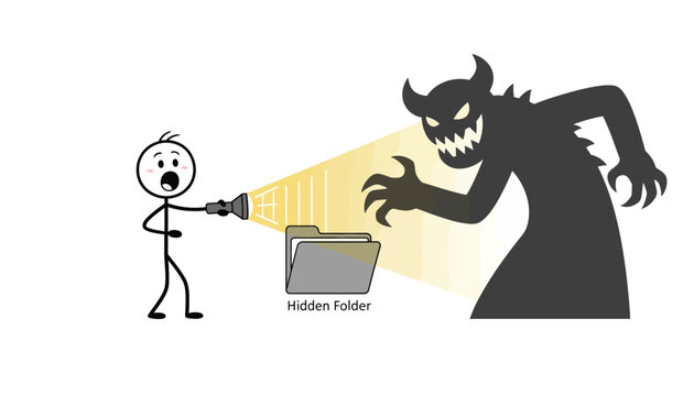 Stick figure illuminates a hidden folder with a flashlight while a menacing dark monster looms nearby.