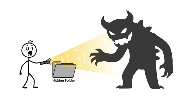 Stick figure shines a flashlight on a hidden folder to reveal a dark monster lurking in the shadows.