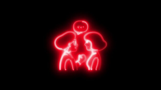 Neon lit couple forming heart shape with hands romantic gesture red glow black background valentines day love concept