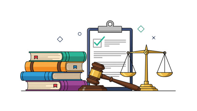 Professional legal system and law study concept featuring a gavel, scales of justice, law books, and a verified document.