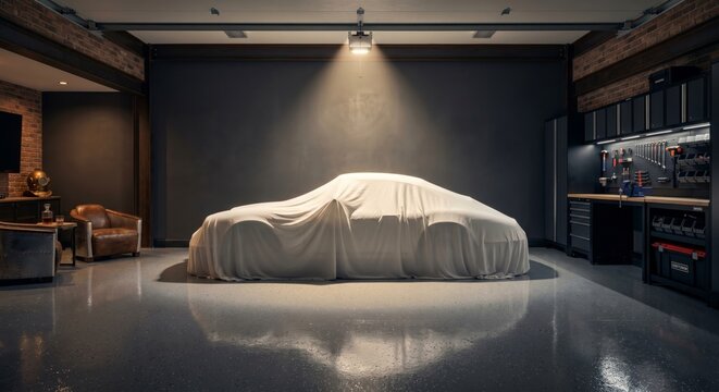 A sleek car covered in white sheet in modern empty garage with epoxy floor and spotlight