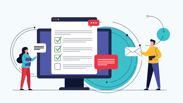 Modern digital workflow management and task completion featuring professional people interacting with a checklist on a screen.