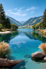 Naklejka premium Tranquil mountain lake in the Alps near Kitzbühel, Austria with clear turquoise water and reflections