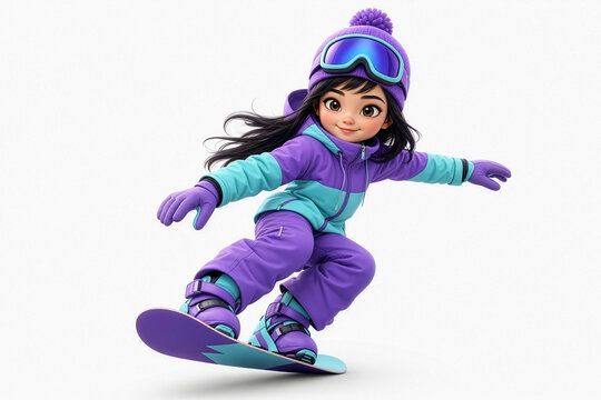 A young snowboarder in a purple‑and‑turquoise winter outfit rides dynamically, showing motion, balance, and energetic action against a clean white background.