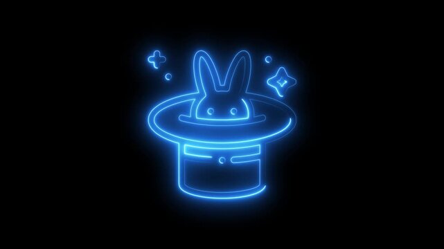 Neon blue magic hat with rabbit ears emerging surrounded by glowing symbols and stars on black background for tech or fantasy
