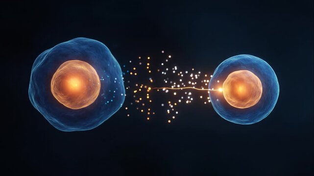 Cinematic microscopic view of contrasting cellular interaction, highlighting the crucial role of INTERLEUKIN in molecular signaling and cellular communication within biological systems