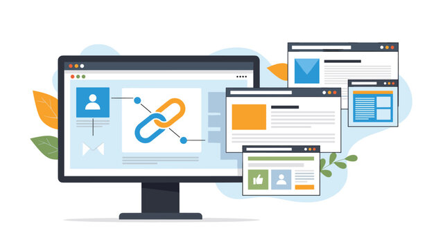 Link building and website networking strategy concept showing a main computer monitor connected to multiple browser windows.