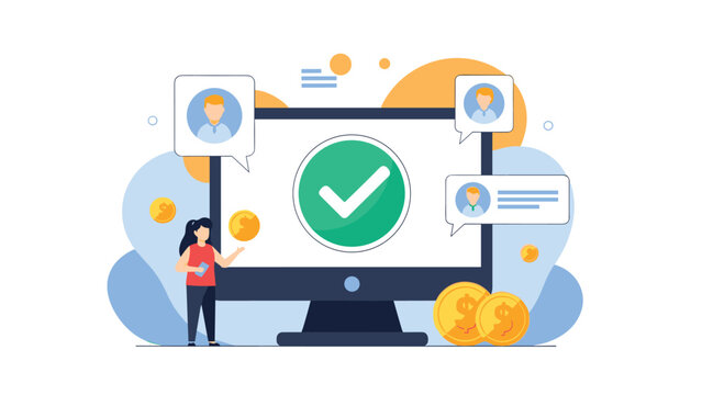 User verification and financial approval concept with a woman standing by a computer showing a large checkmark icon.