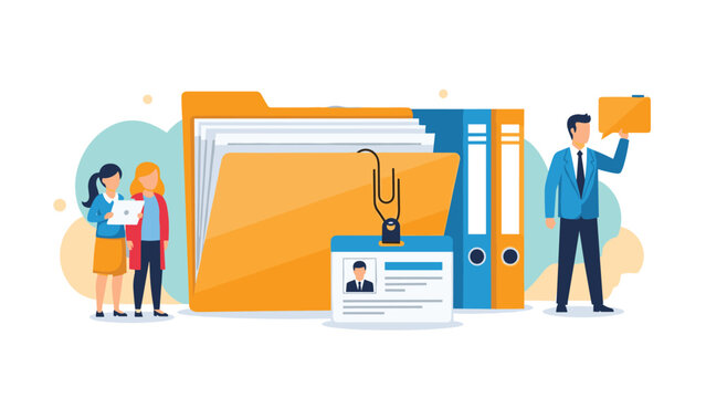 Corporate record management and employee documentation concept with people standing near large file folders and ID cards.