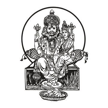 Lakshmi Narasimha Hindu God Line Art - Seated Narasimha Avatar with Goddess Lakshmi, Circular Halo, and Ritual Fruit Offerings.
