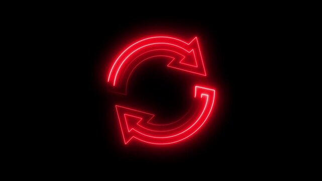 Red neon circular arrows symbol on black background indicating recycling reuse and refresh concepts for business and technology