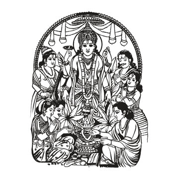 Lord Satyanarayan Puja Hindu Ritual Illustration - Line Art of Deity with Devotees, Narada Muni, and Traditional Offerings.