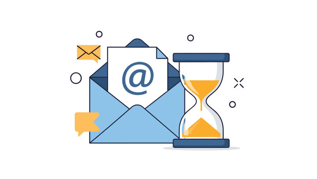 Email communication and response time concept featuring open envelope with mail icon and hourglass symbolizing message speed.