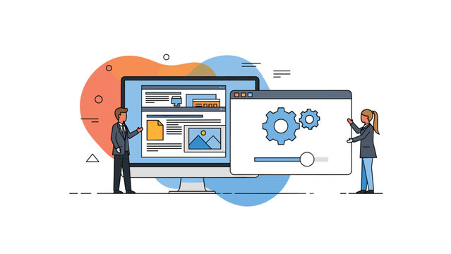 Web development and interface design concept with developers working together on software optimization and layout.