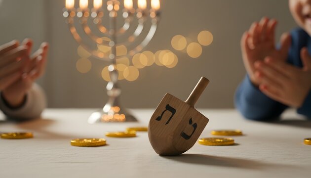 Kids spinning a wooden dreidel on the first night of Hanukkah with a blurred menorah and gold gelt coins for a Jewish holiday celebration concept