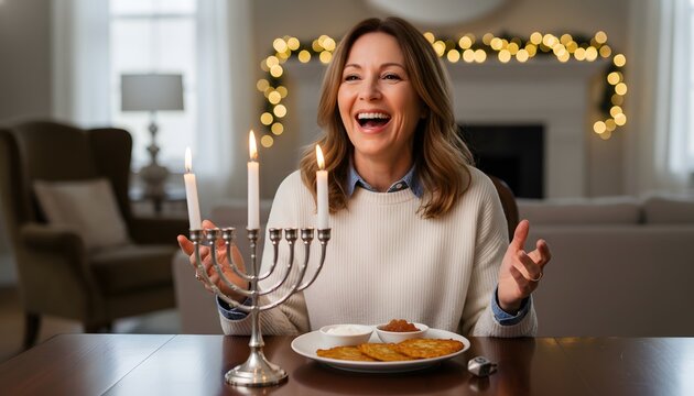 Happy mother laughing at dinner table while celebrating the first night of Hanukkah concept, lighting the menorah and eating traditional latkes in a cozy home