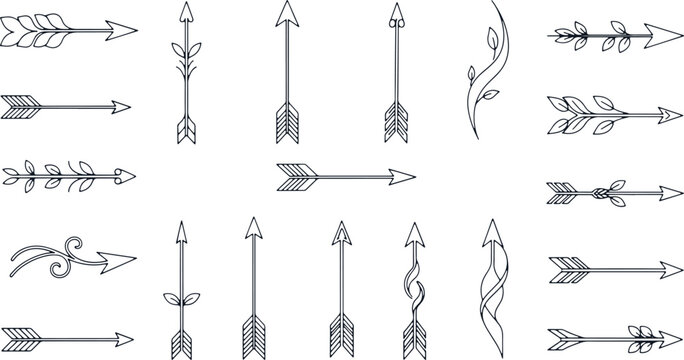 Decorative arrow motifs in boho style, hand-drawn arrows with floral elements on transparent background.