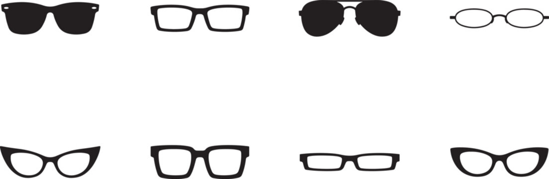 Set of isolated glasses icons featuring various eyewear shapes for fashion, vision, and design use