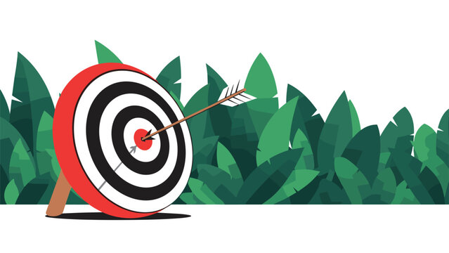 Successful target achievement and precision concept shows an archery arrow hitting the center of a red bullseye in a green jungle.