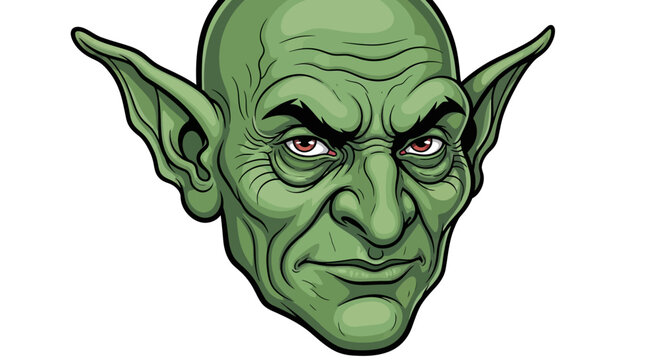 Green Goblin Character Face With Large Pointed Ears And Intense Eyes For Fantasy And Horror Concepts