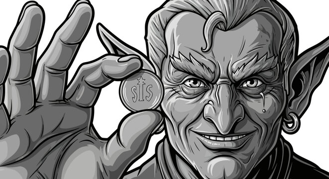 Cunning Fantasy Goblin Holding a Coin Grayscale Illustration