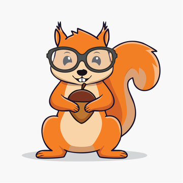 Cute cartoon squirrel wearing glasses holding an acorn