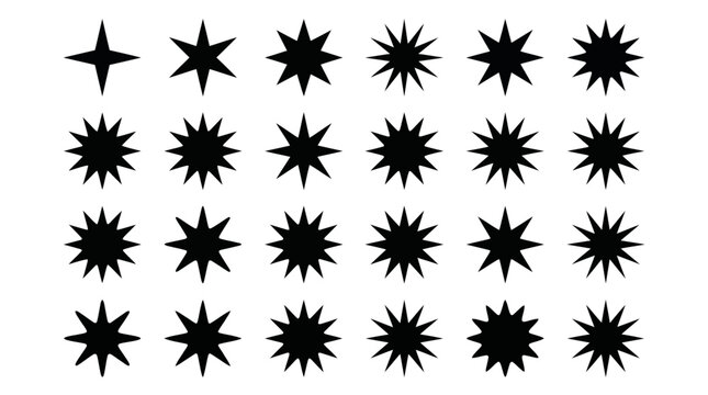 Grid of black starburst explosion shapes of varying sizes on white background, versatile clipart elements for design, icons, and logos