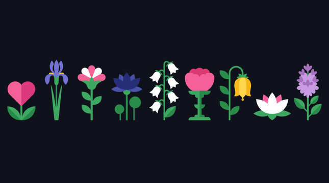 Colorful row of stylized flower icons on a dark background, ideal for design, branding, and floral illustration projects