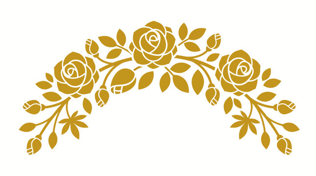 Gold floral arch border featuring roses and leafy vines, decorative vintage frame for invitations, weddings, and design accents