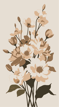 A beautiful and sophisticated vertical digital artwork showcasing an elegant floral bouquet illustration in a modern minimalist stencil style. The creative botanical composition is arranged on a smoot