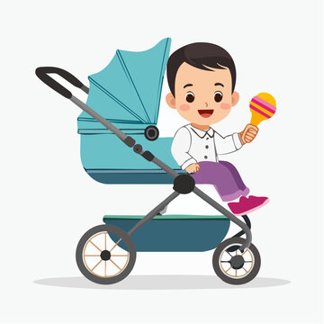 Happy Baby in Stroller Holding a Rattle