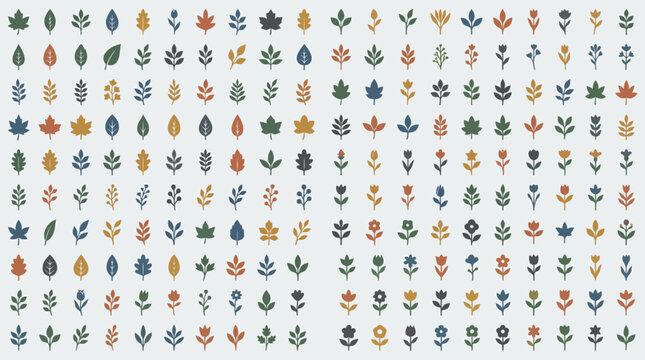 Colorful botanical floral pattern with tiny flowers and leaves arranged in a grid on white background, suitable for textiles, wallpaper and graphic design.