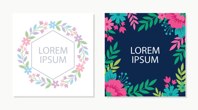 Two floral invitation cards: pastel circular wreath and bold tropical leaves design, featuring lorem ipsum text, ideal wedding or event stationery