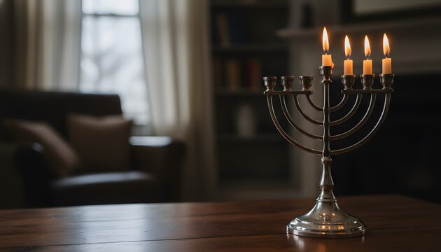 Traditional silver menorah with the first candle symbolizing hope on a wooden table for First night of Hanukkah concept in a cozy home interior