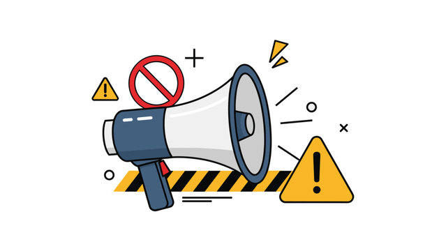Alert notification system features a large megaphone surrounded by warning signs and caution tape for emergency public news.