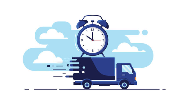 Express delivery service truck carries a large alarm clock to signify fast and timely shipping for online orders and sales.