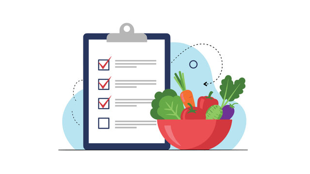 Healthy lifestyle planning showing a clipboard with a checklist next to a bowl of fresh mixed vegetables on white.