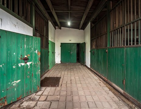 A long stable with green doors and brick flooring