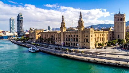 Obraz premium Grand historic waterfront buildings with modern skyscraper and blue sky