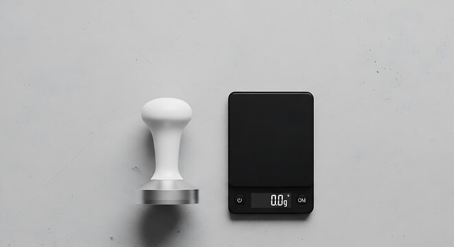 A white coffee tamper and a black digital scale are placed on a light gray surface.