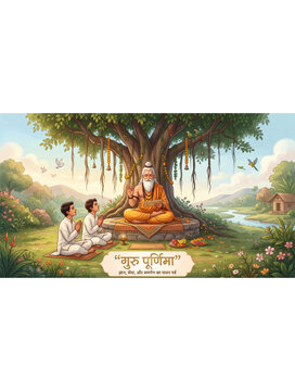 Guru purnima illustration with teacher guiding disciples under sacred tree in peaceful nature setting expressing wisdom devotion and gratitude for greeting banner poster design