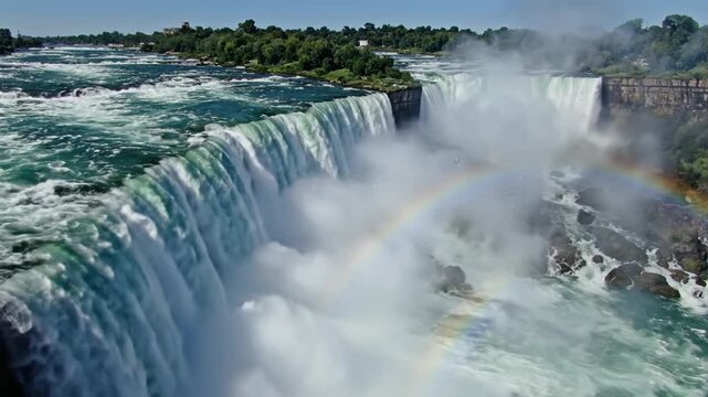 A stunning video captures the majestic Niagara Falls surrounded by lush greenery with a vibrant rainbow appearing in the misty atmosphere under a clear blue sky.