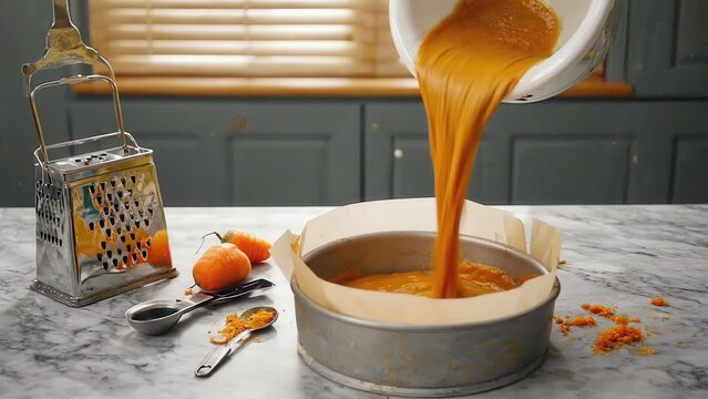 Pouring cake batter into round baking pan