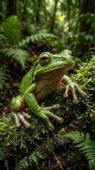 Obraz premium Green tree frog sitting on mossy branch in rainforest