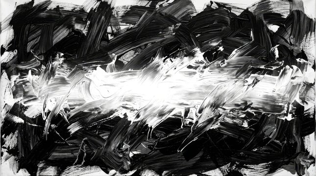 Bold black and white abstract painting with energetic brushstrokes