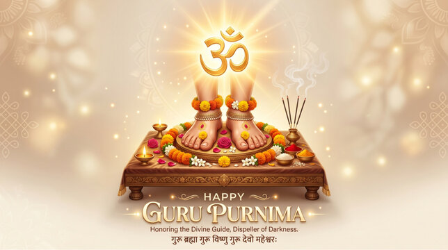 Guru purnima sacred paduka worship illustration with om symbol flowers and diya representing devotion respect and spirituality for greeting banner poster background design